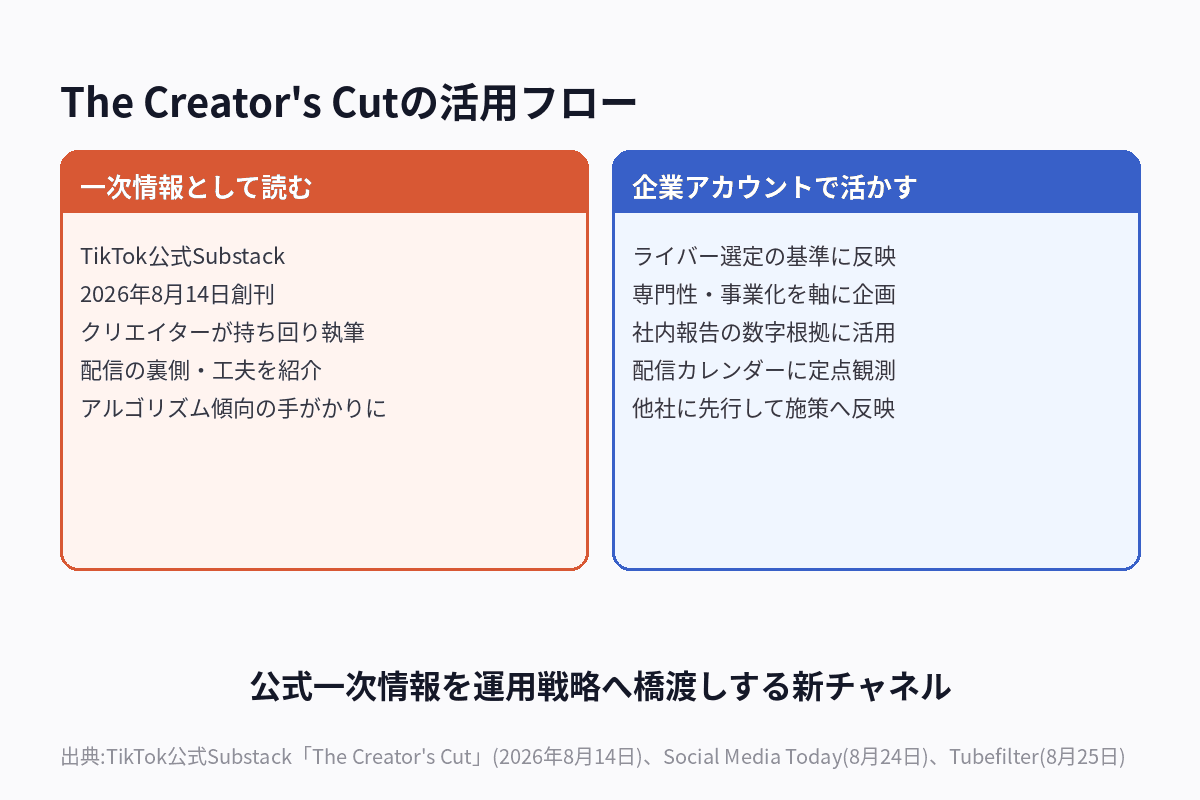 TikTokニュースレター「The Creator's Cut」の位置づけと企業活用の流れを示す図解