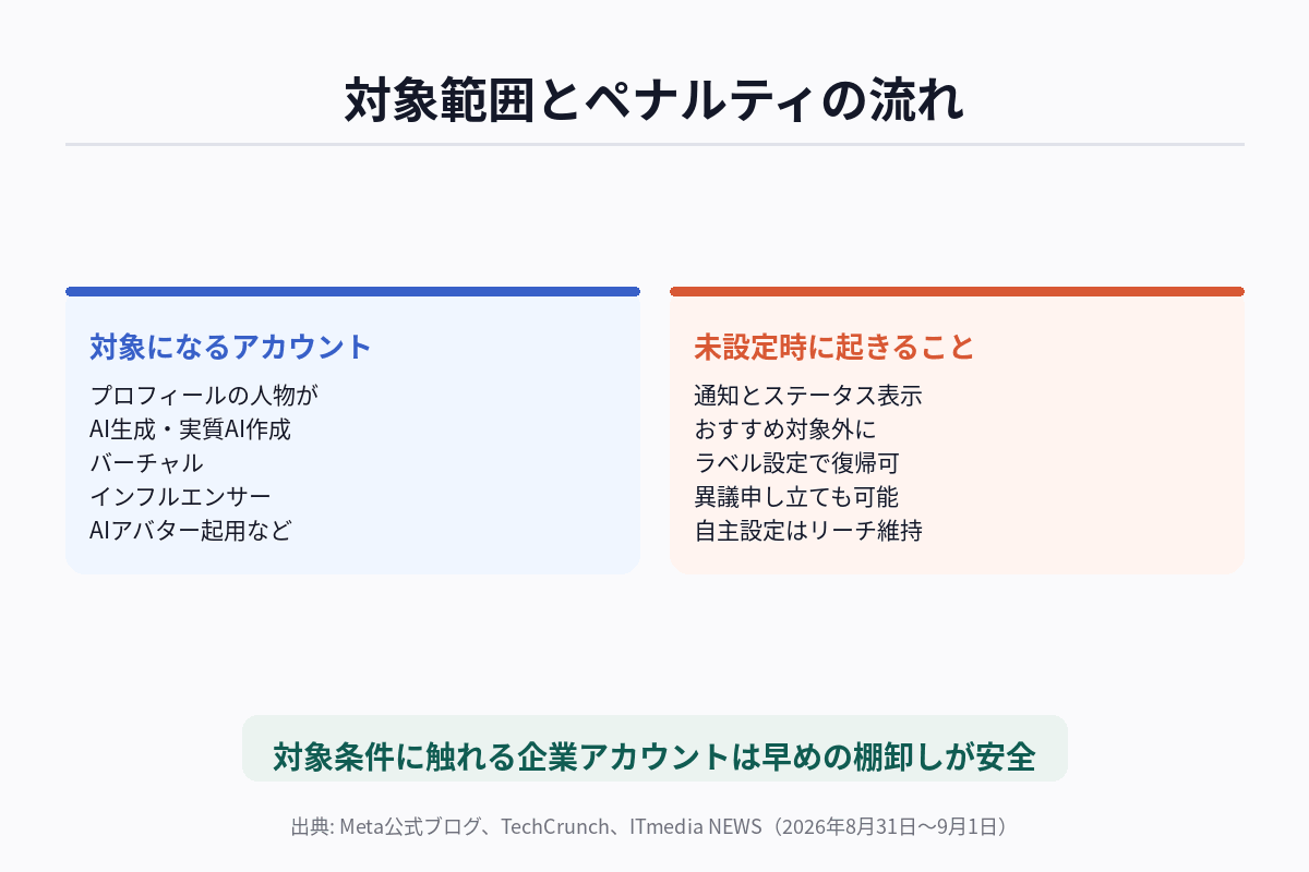 Instagramの「AI生成プロフィール」ラベルの対象範囲とペナルティの流れを示す図解