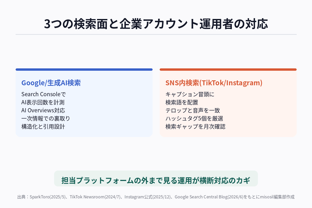 Google検索・生成AI検索・SNS内検索の3つの検索面を1枚で示した図解