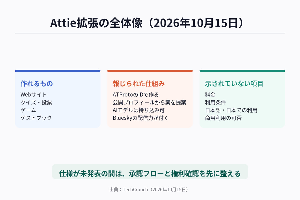 Attieの拡張内容を、作れるもの・仕組み・分かっていない項目の3つに分けて整理した図解