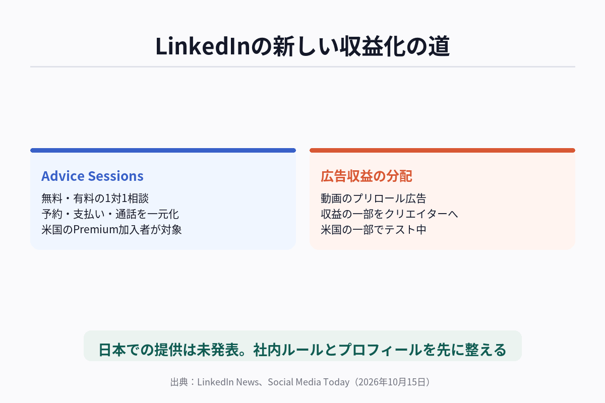 LinkedInのAdvice Sessionsの流れ（プロフィールから予約、支払い、ビデオ通話）と、広告収益分配テストの仕組みを並べて整理した図解