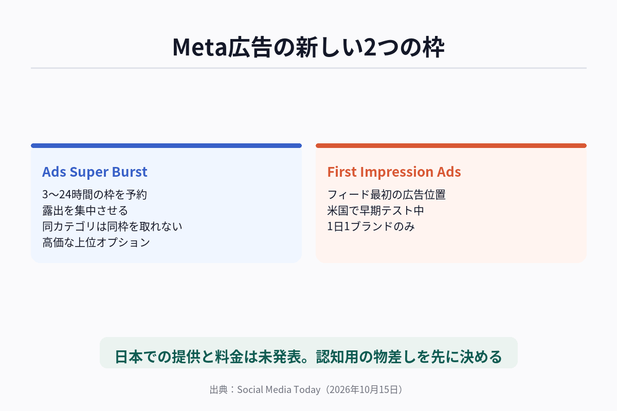 Ads Super Burstの集中配信（3〜24時間）とFirst Impression Adsのフィード最初の広告位置を、目的・枠の取り方・提供状況で比べた図解