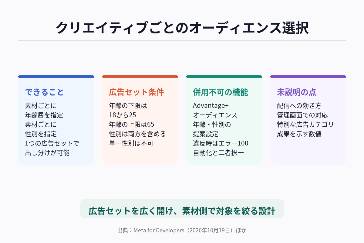 Meta広告のクリエイティブごとの年齢・性別指定を、できること・広告セットの条件・併用できない機能・未説明の点の4項目で整理した図解