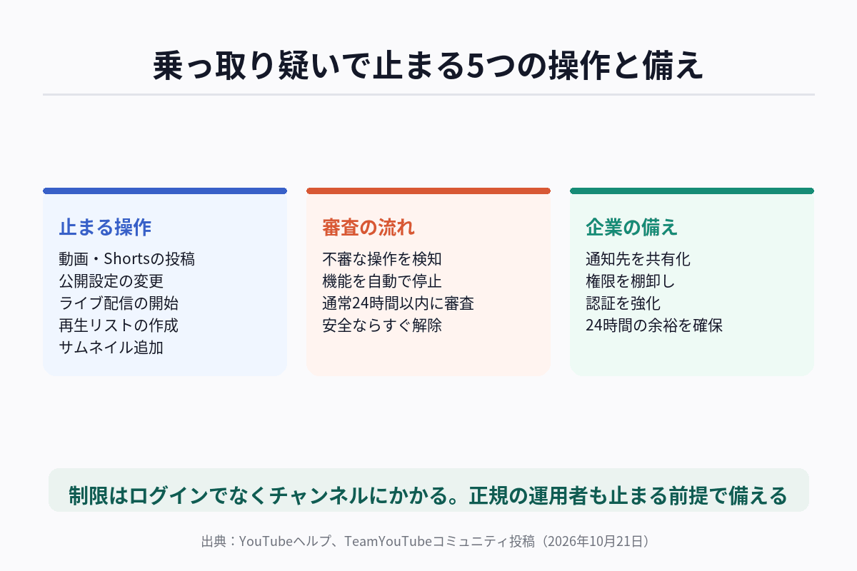 YouTubeの乗っ取り保護機能について、停止される操作・審査の流れ・復旧の分岐・企業が備えることを整理した図解
