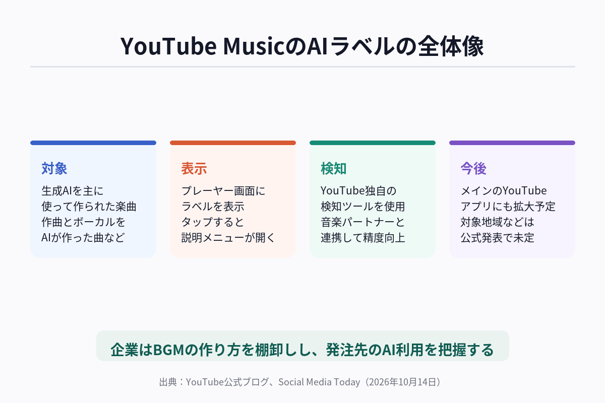YouTube MusicのAI生成楽曲ラベルについて、対象・表示場所・検知方法・今後の展開を整理した図解