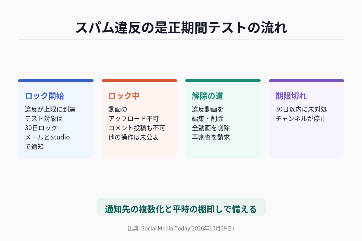 YouTubeのスパム違反の是正期間テストの流れを整理した図解
