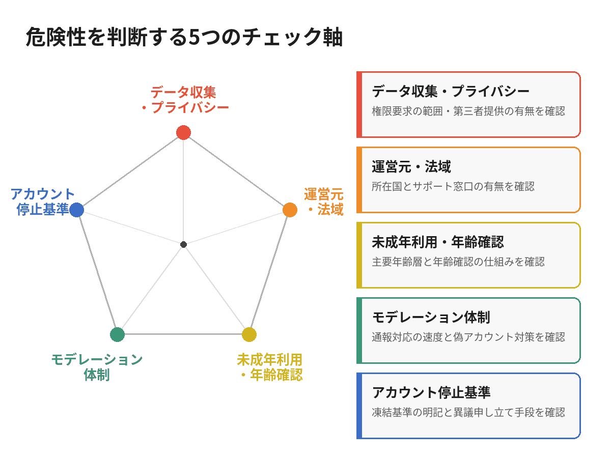SNSの危険性を評価する5つの軸をチェックリスト形式で整理した図解