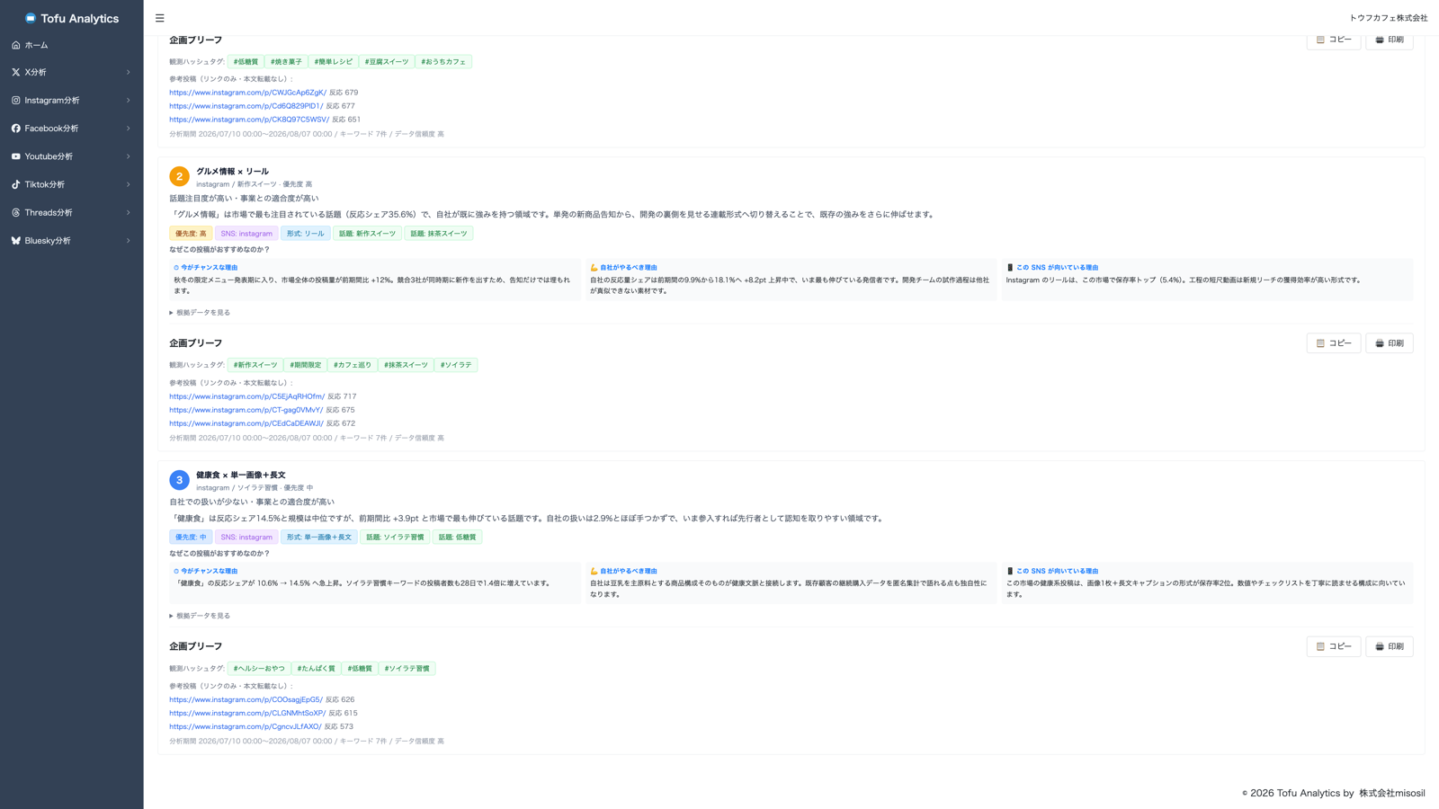分析データをもとにAIが生成したレポート文と次アクション提案を表示したAIレポート画面